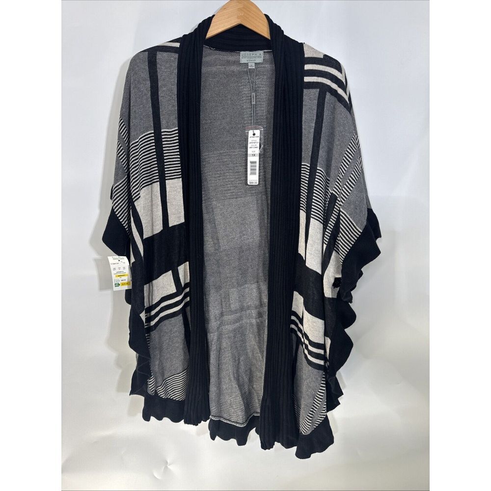 Joseph A. Woman Grey Black Plaid Open Front Ruffle Cardigan Sweater 1X